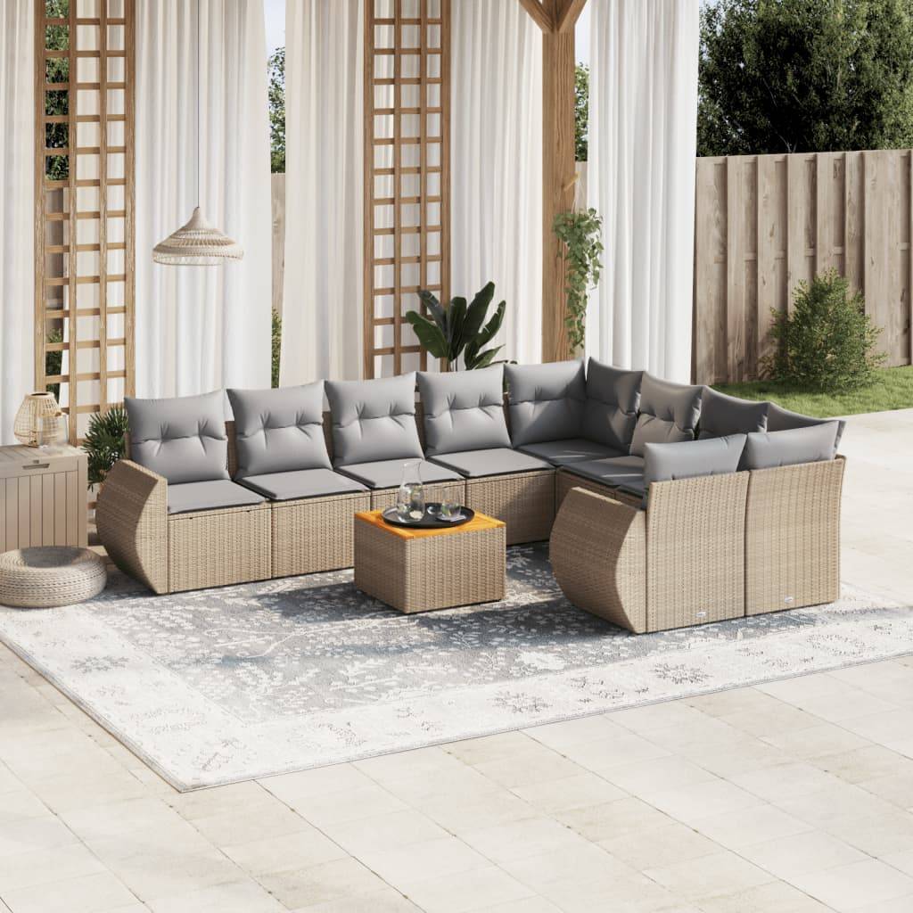 vidaXL 10-tlg. Garten-Sofagarnitur mit Kissen Beige Poly Rattan