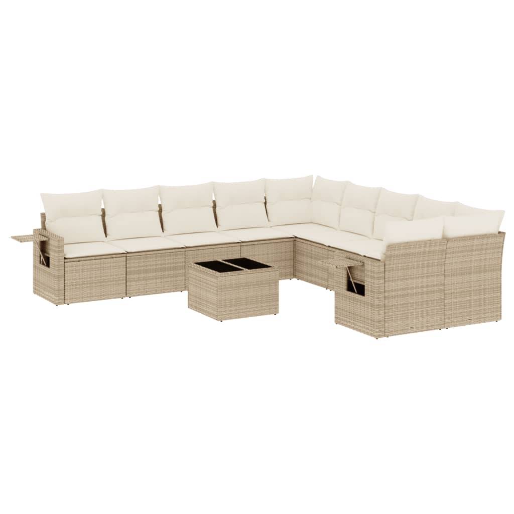 vidaXL 11-tlg. Garten-Sofagarnitur mit Kissen Beige Poly Rattan