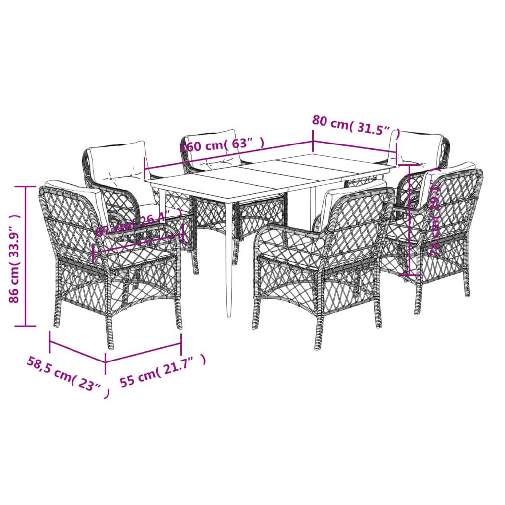 vidaXL 7-tlg. Garten-Essgruppe mit Kissen Grau Poly Rattan