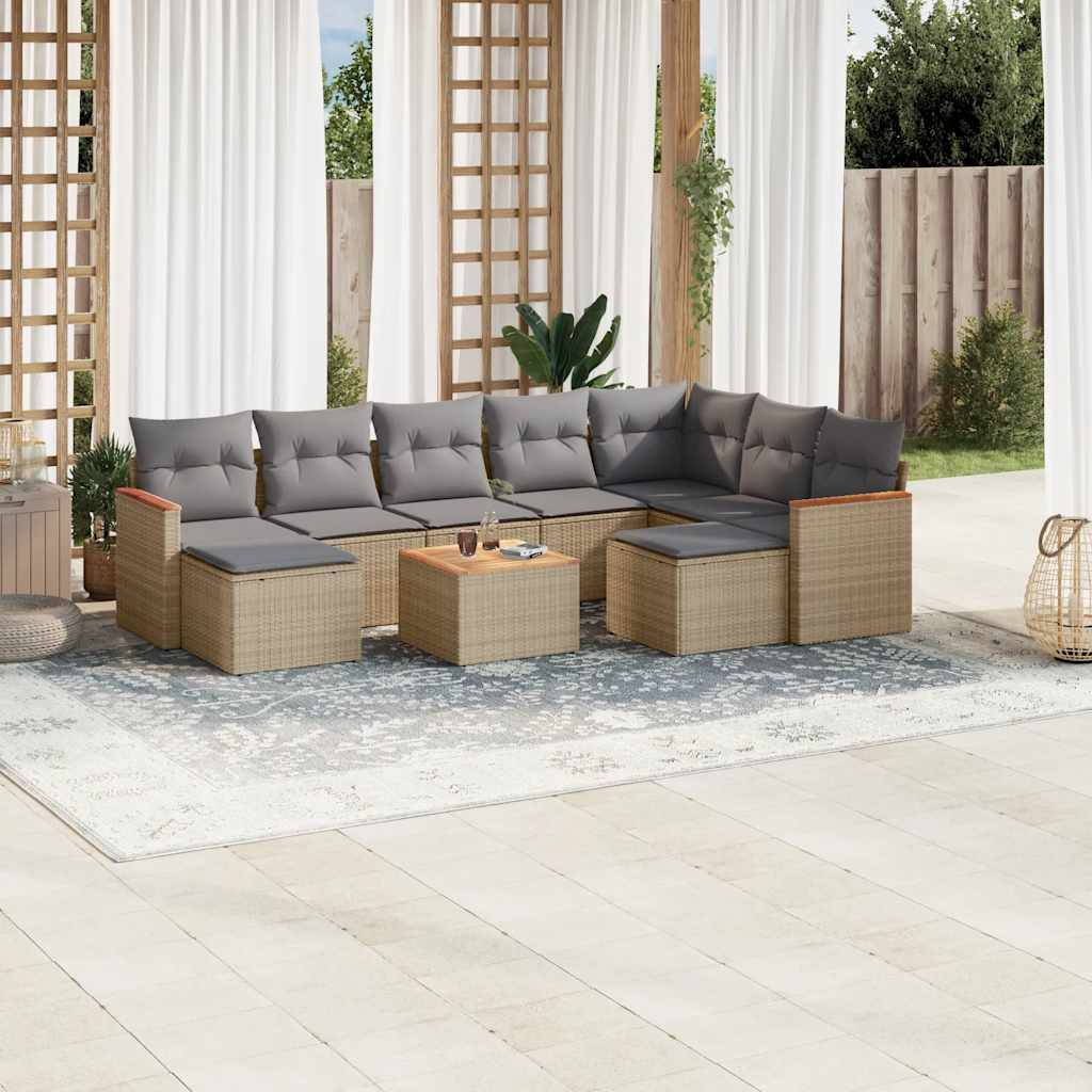 vidaXL 10-tlg. Garten-Sofagarnitur mit Kissen Beige Poly Rattan
