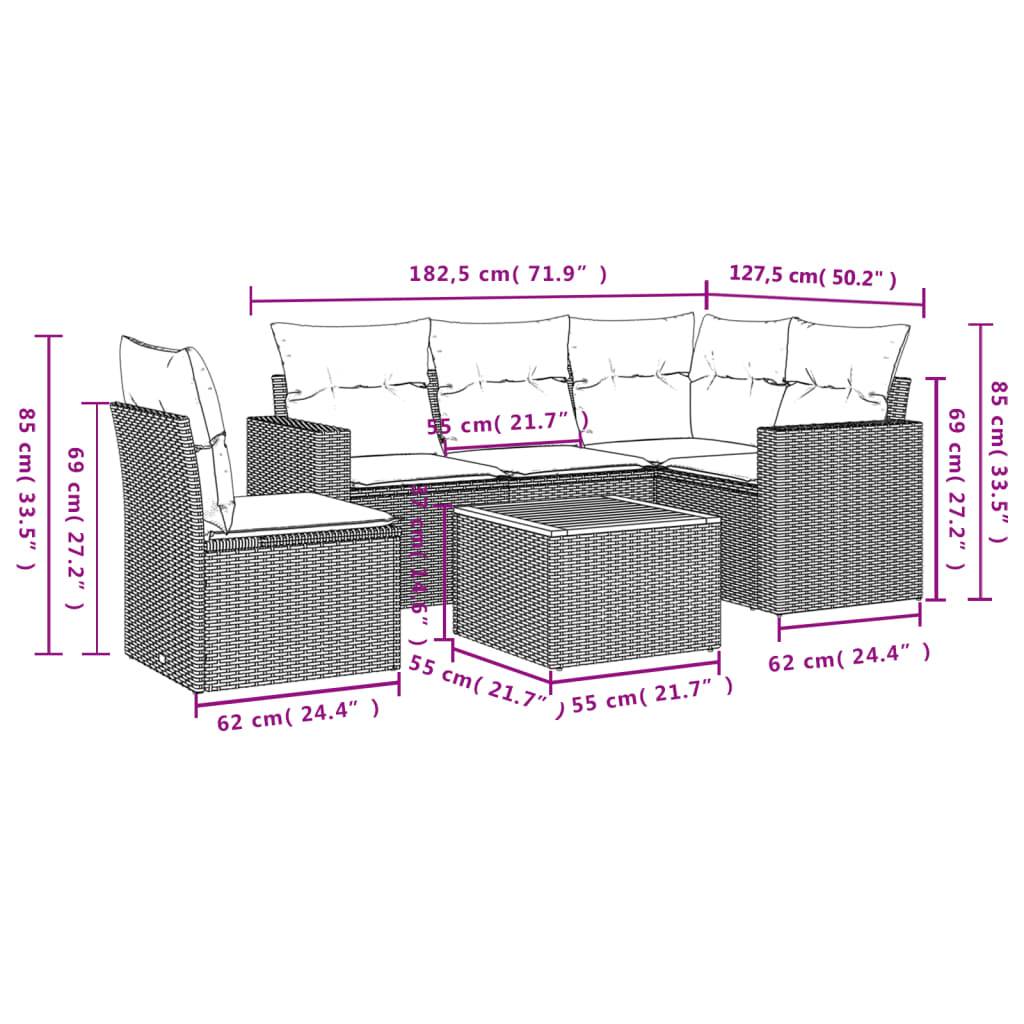 vidaXL 6-tlg. Garten-Sofagarnitur mit Kissen Schwarz Poly Rattan