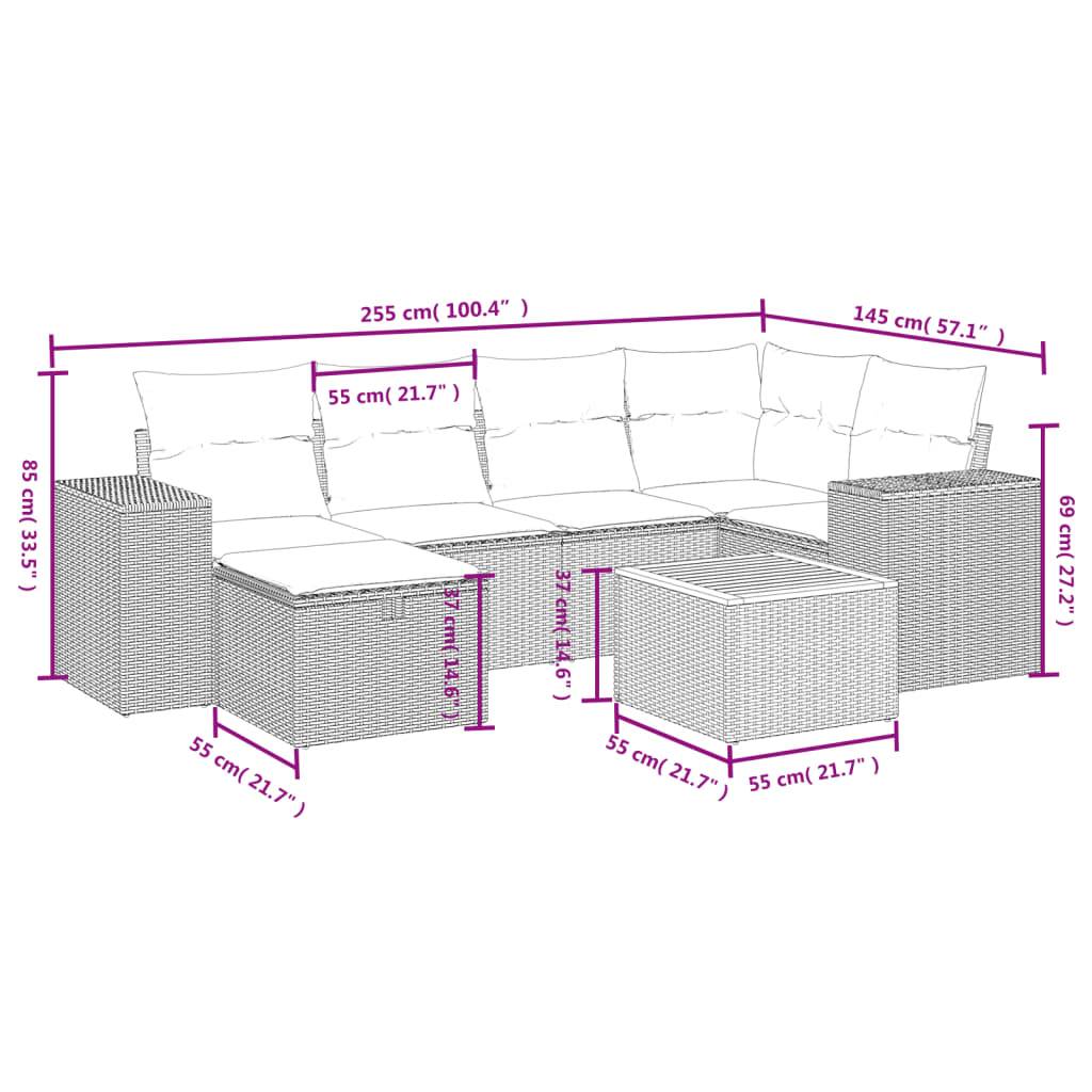 vidaXL 7-tlg. Garten-Sofagarnitur mit Kissen Schwarz Poly Rattan