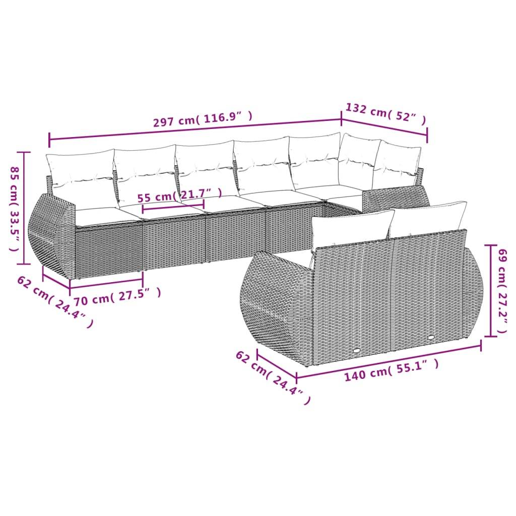 vidaXL 8-tlg. Garten-Sofagarnitur mit Kissen Schwarz Poly Rattan