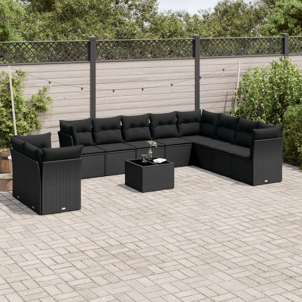 vidaXL 11-tlg. Garten-Sofagarnitur mit Kissen Schwarz Poly Rattan