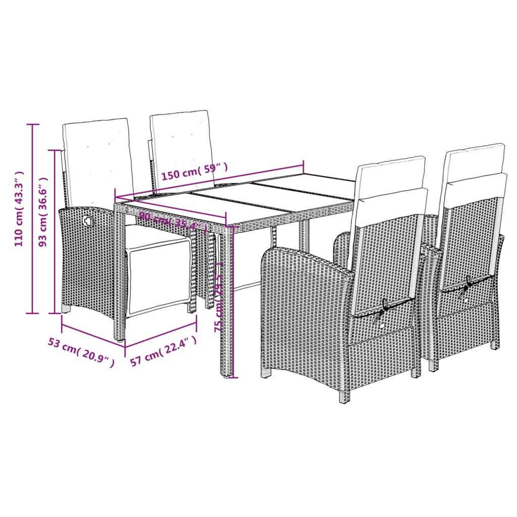 vidaXL 5-tlg. Garten-Essgruppe mit Kissen Grau Poly Rattan