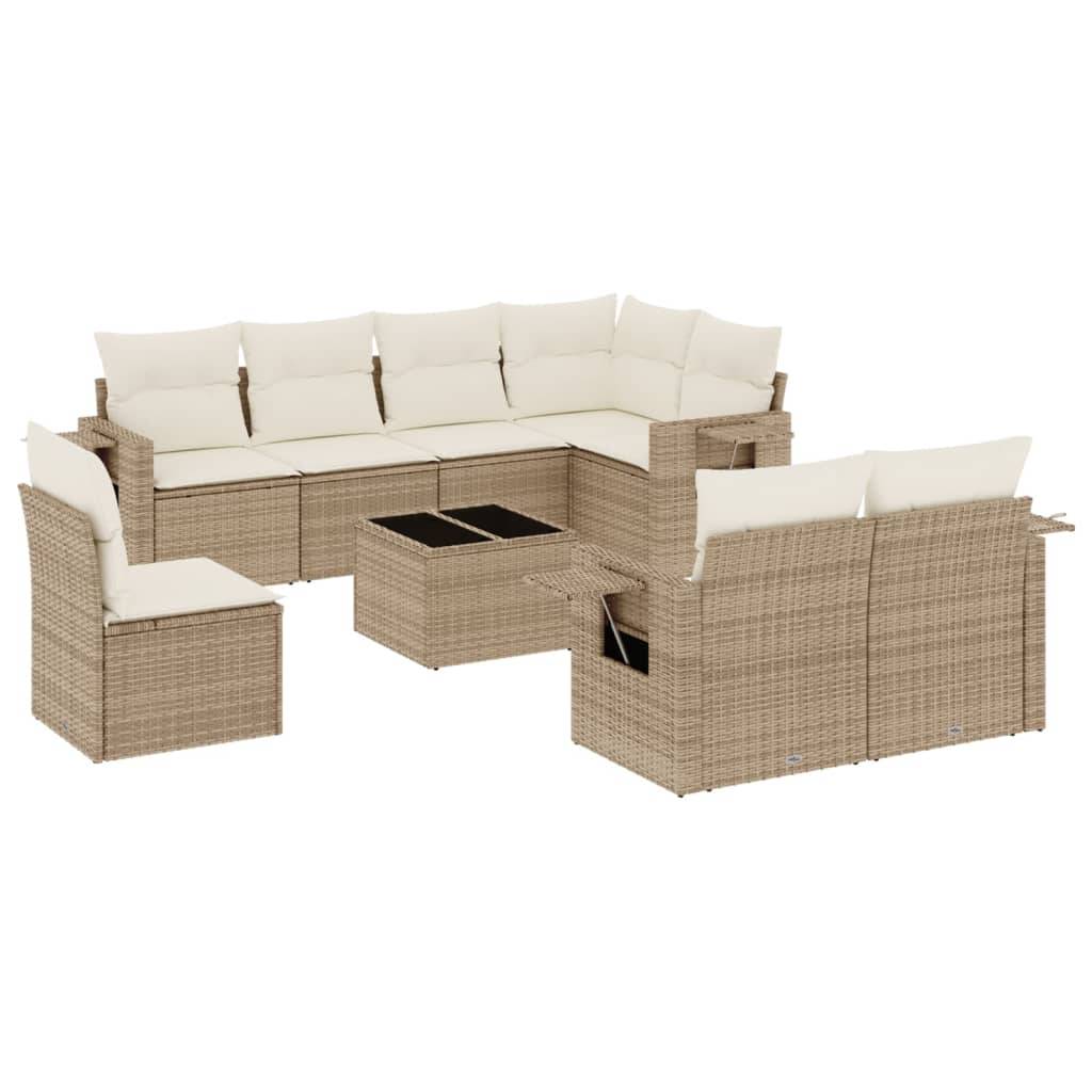 vidaXL 9-tlg. Garten-Sofagarnitur mit Kissen Beige Poly Rattan