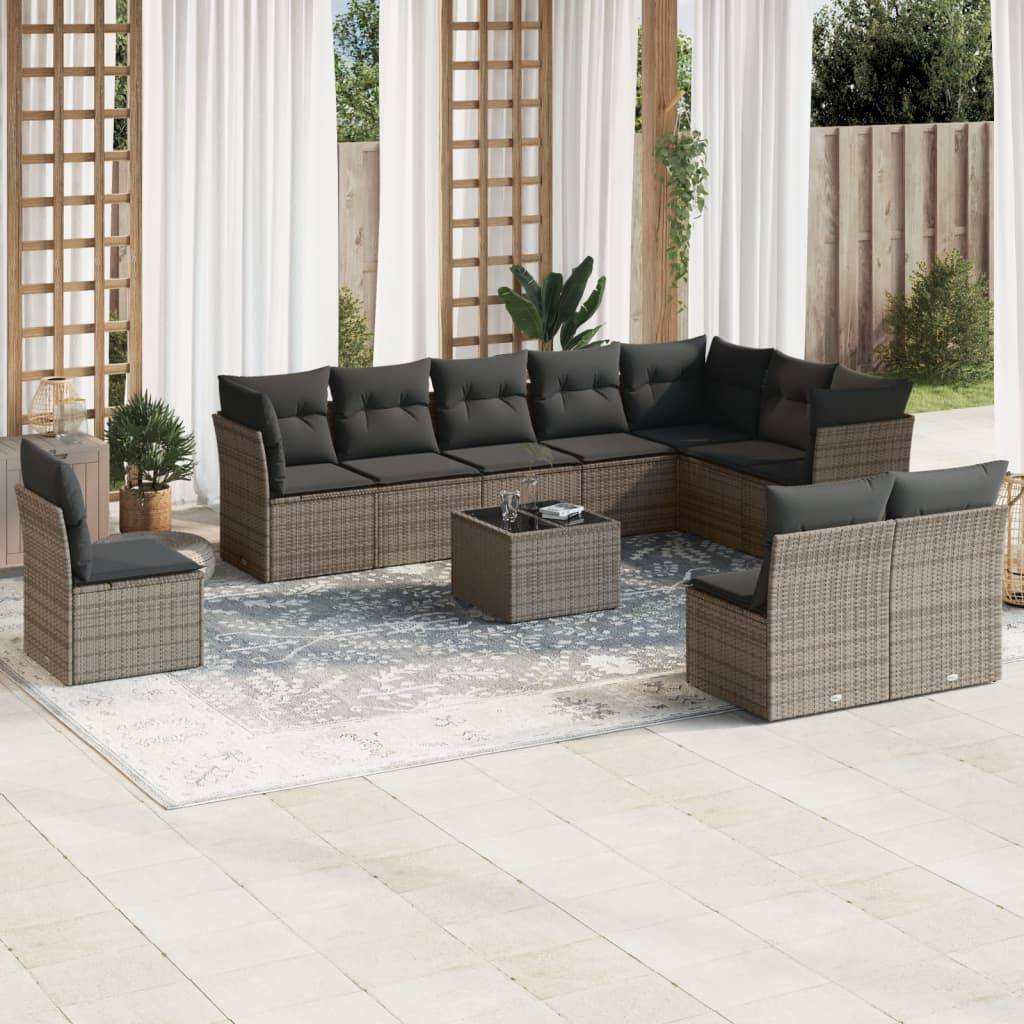 vidaXL 11-tlg. Garten-Sofagarnitur mit Kissen Grau Poly Rattan
