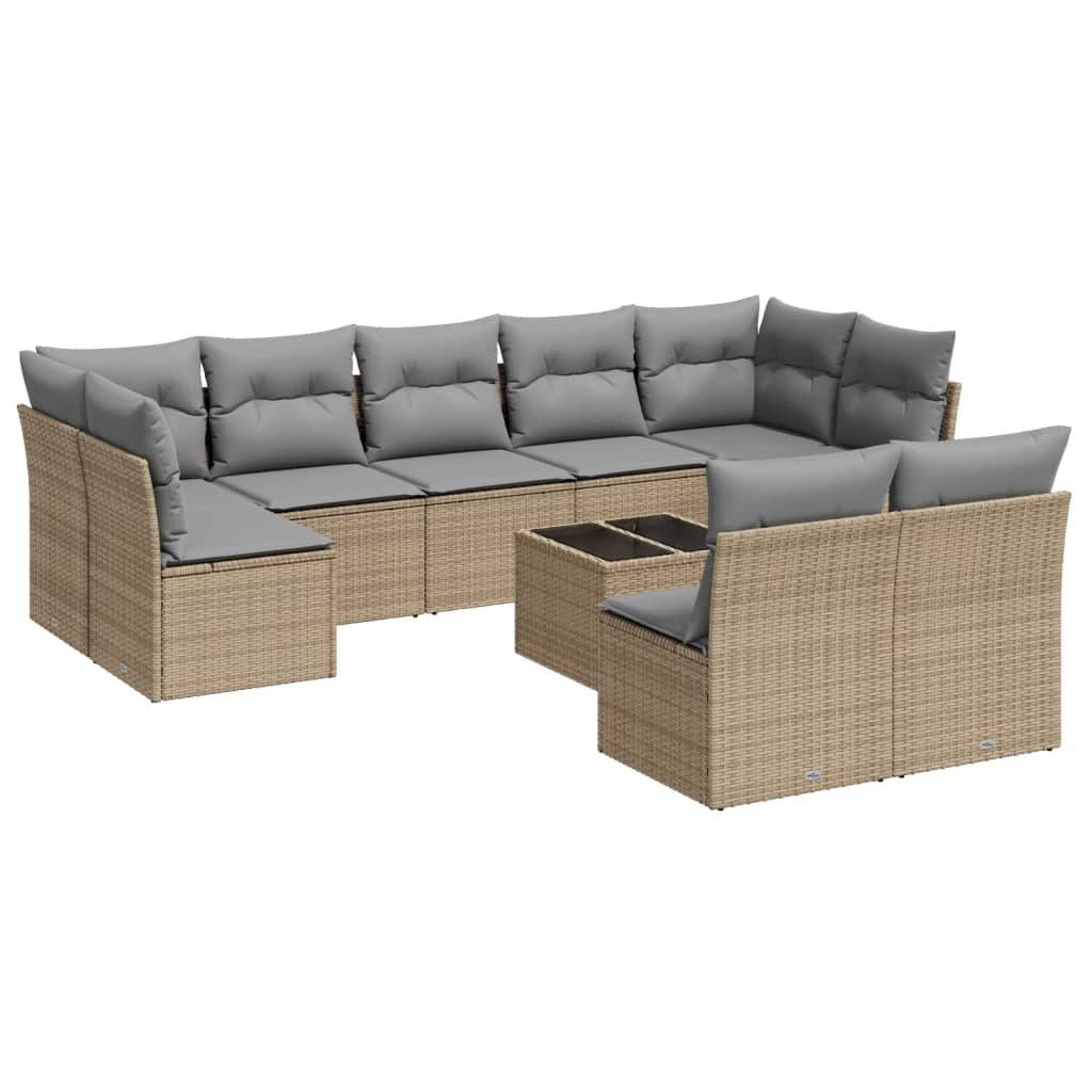 vidaXL 10-tlg. Garten-Sofagarnitur mit Kissen Beige Poly Rattan