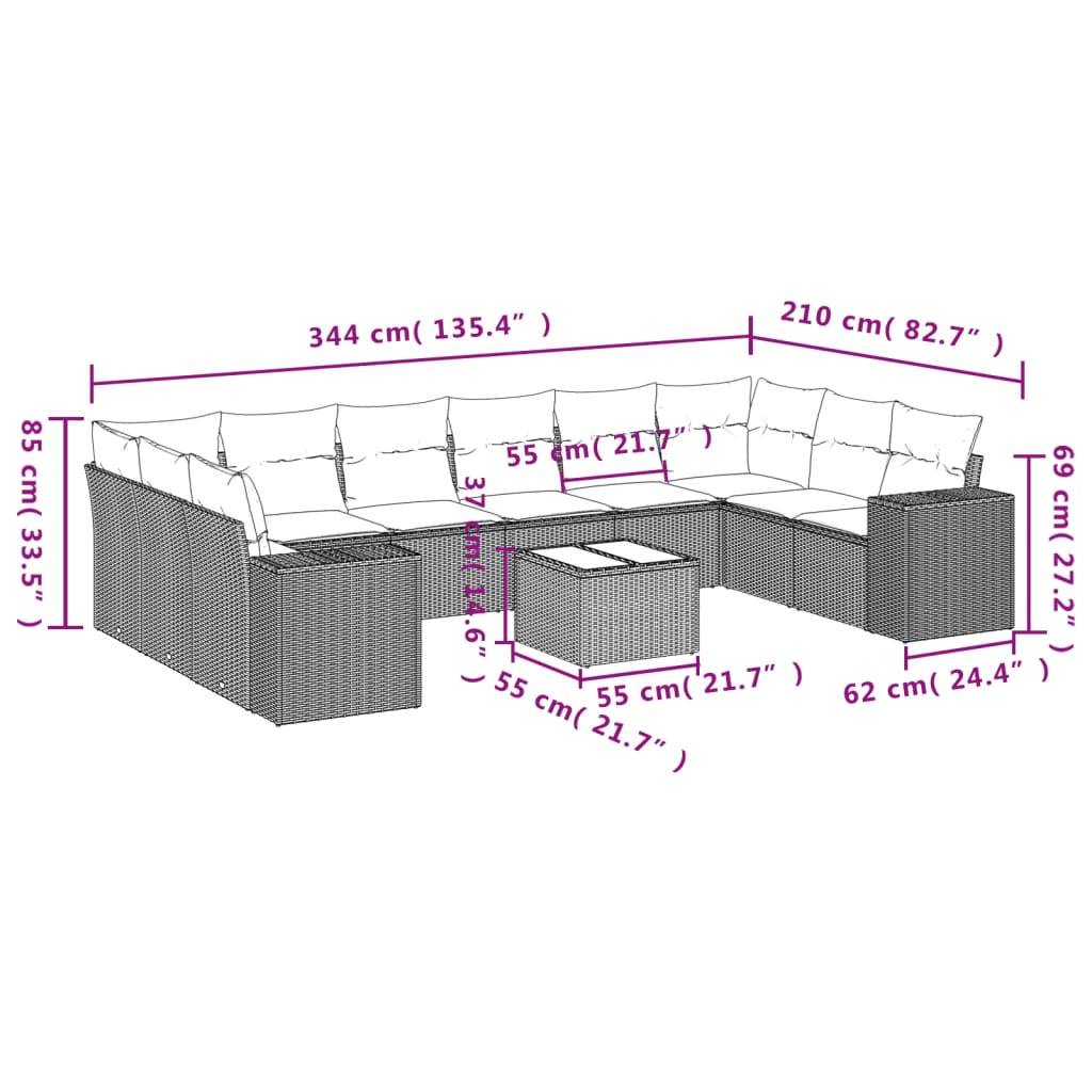 vidaXL 11-tlg. Garten-Sofagarnitur mit Kissen Schwarz Poly Rattan