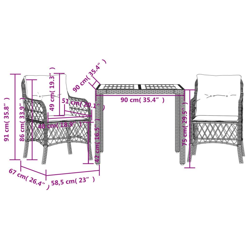 vidaXL 3-tlg. Bistro-Set mit Kissen Schwarz Poly Rattan