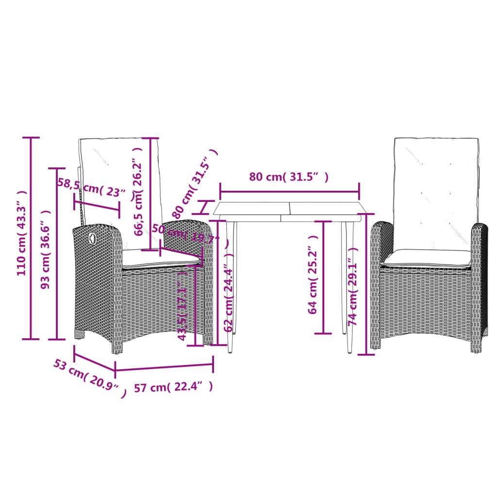 vidaXL 3-tlg. Garten-Essgruppe mit Kissen Schwarz Poly Rattan
