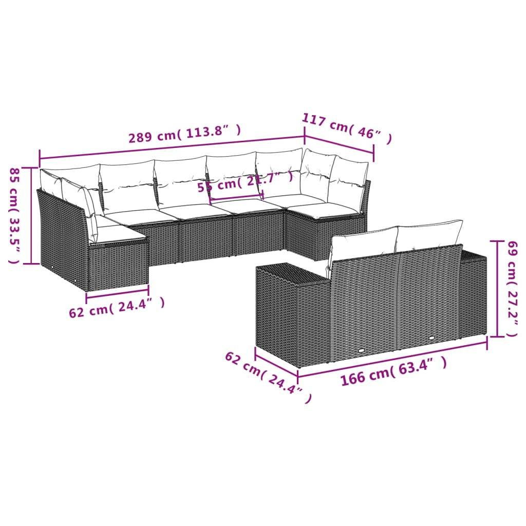 vidaXL 9-teiliges Gartensofa-Set mit Kissen, schwarzes Polyrattan