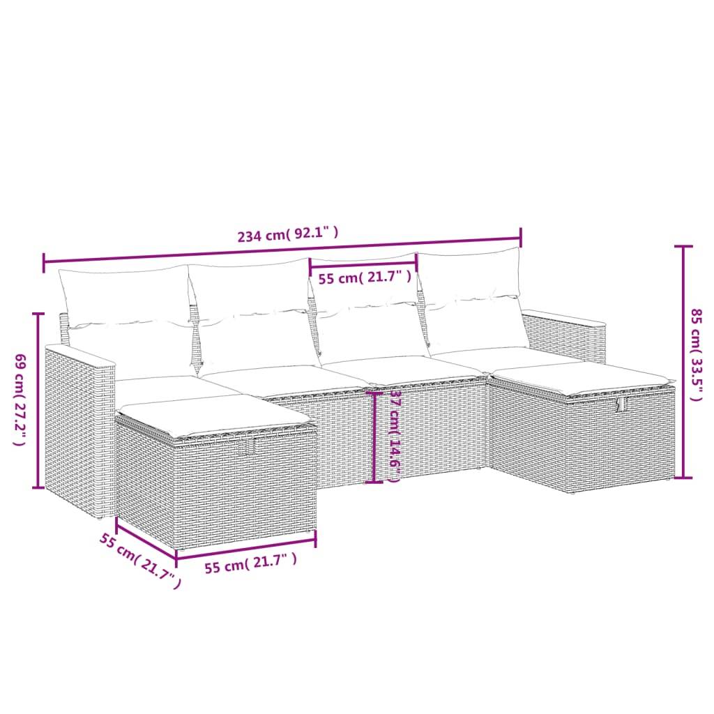 vidaXL 6-tlg. Garten-Sofagarnitur mit Kissen Grau Poly Rattan