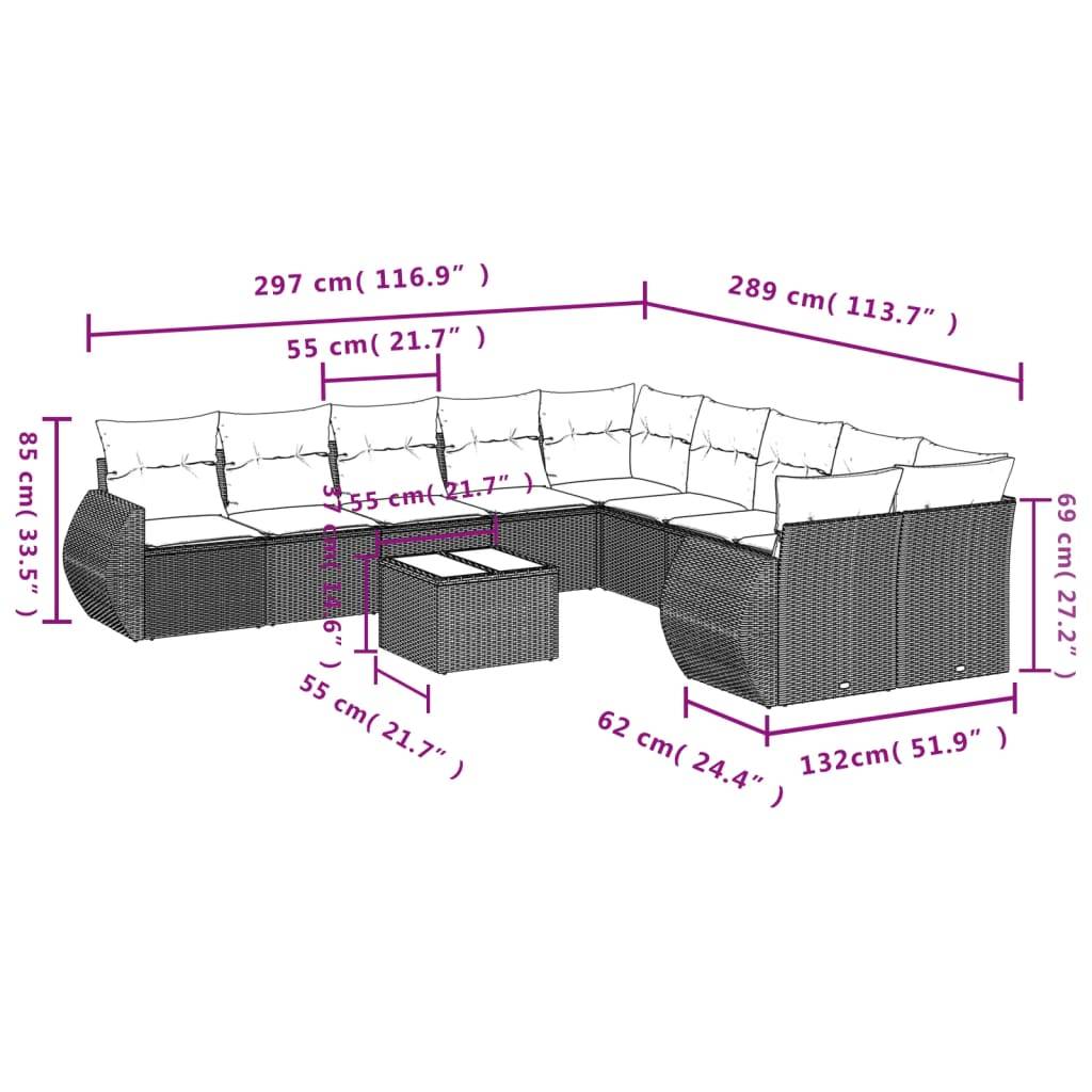 vidaXL 11-tlg. Garten-Sofagarnitur mit Kissen Braun Poly Rattan