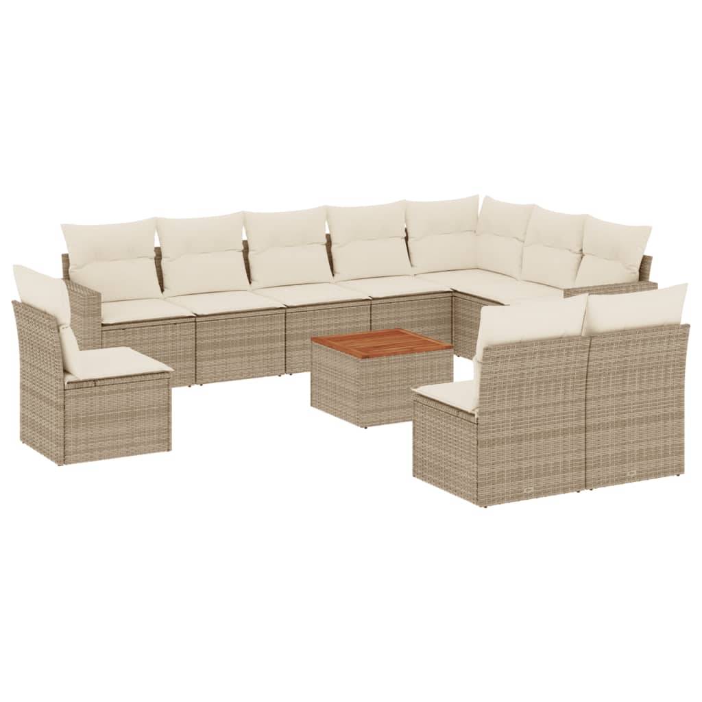 vidaXL 11-tlg. Garten-Sofagarnitur mit Kissen Beige Poly Rattan