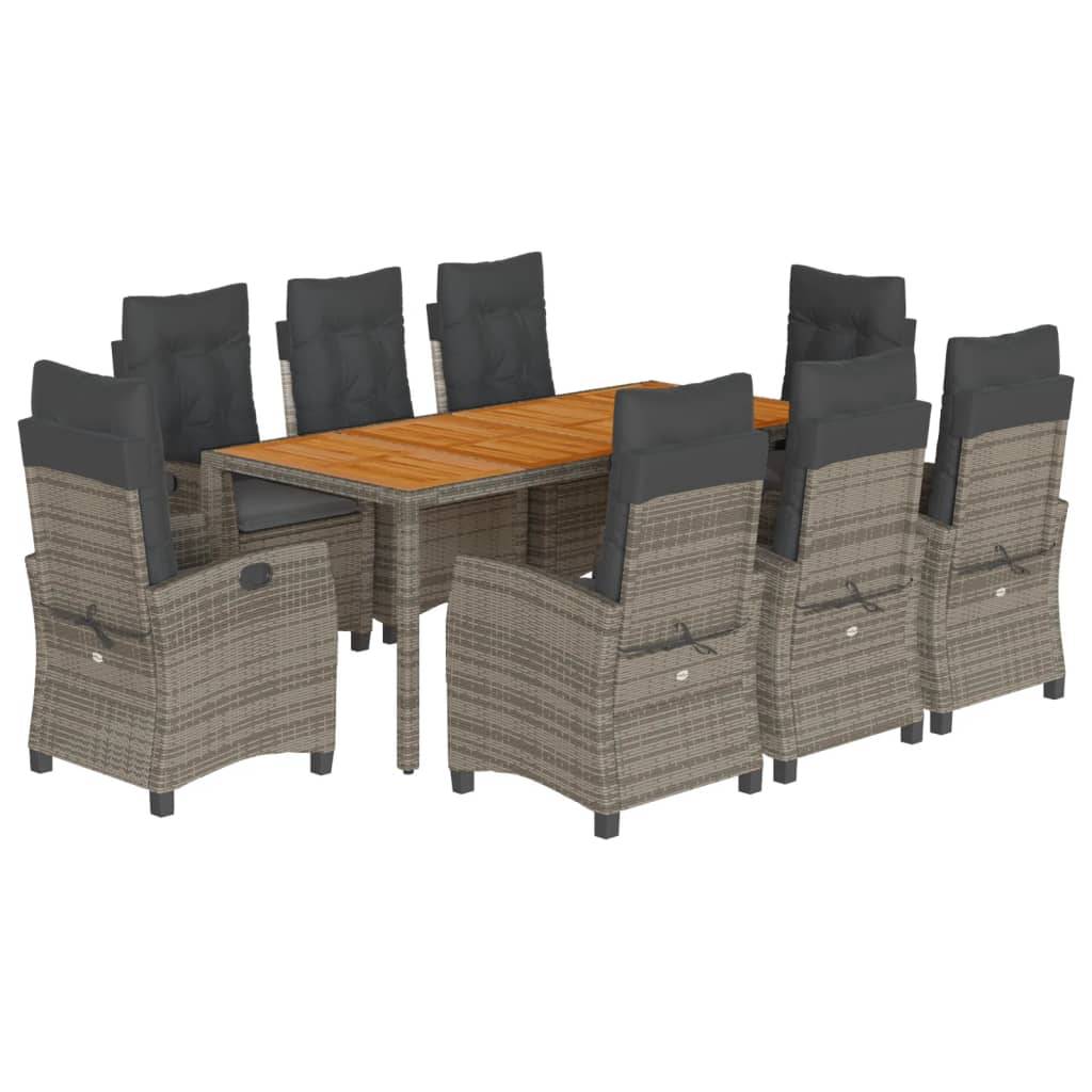 vidaXL 9-tlg. Garten-Essgruppe mit Kissen Grau Poly Rattan
