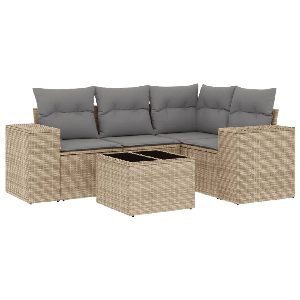 vidaXL 5-tlg. Garten-Sofagarnitur mit Kissen Beige Poly Rattan