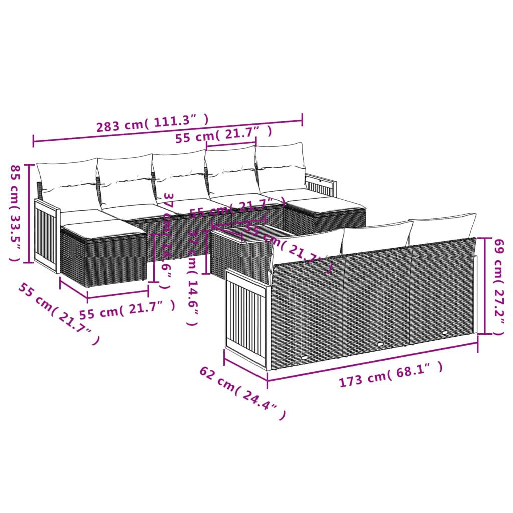 vidaXL 11-teiliges Gartensofa-Set mit Kissen, schwarzes Polyrattan