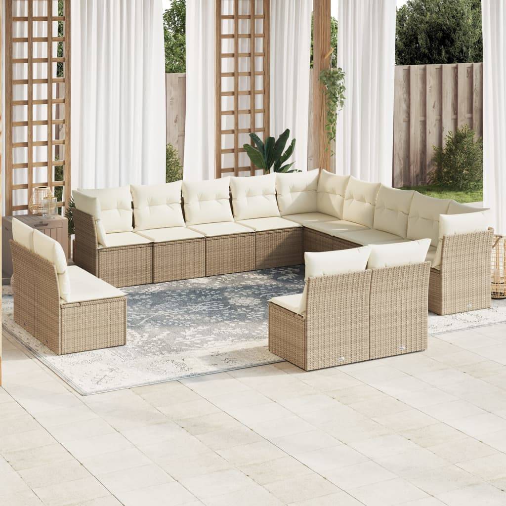vidaXL 12-tlg. Garten-Sofagarnitur mit Kissen Beige Poly Rattan