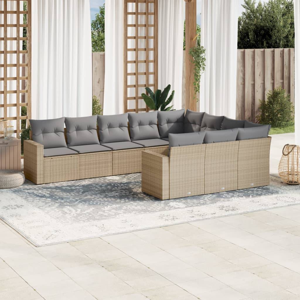 vidaXL 10-tlg. Garten-Sofagarnitur mit Kissen Beige Poly Rattan
