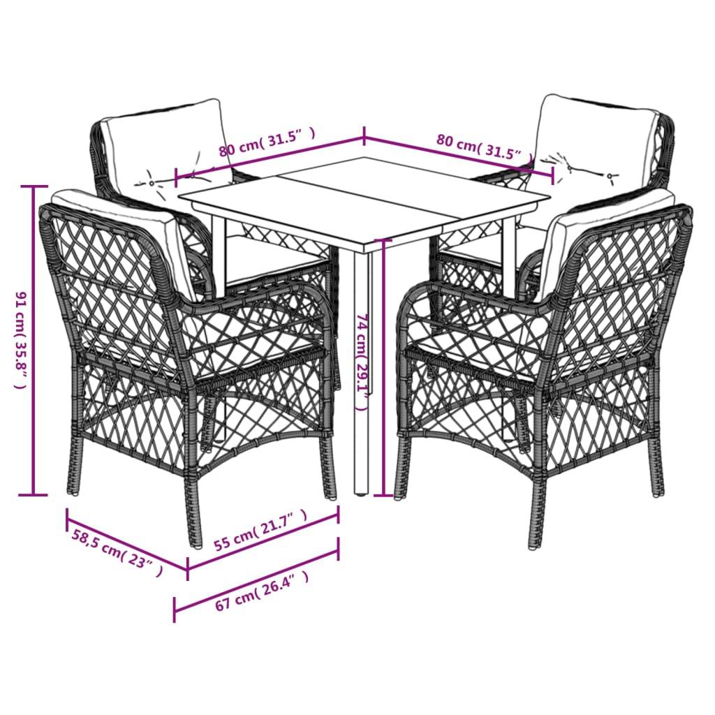 vidaXL 5-tlg. Garten-Essgruppe mit Kissen Hellgrau Poly Rattan