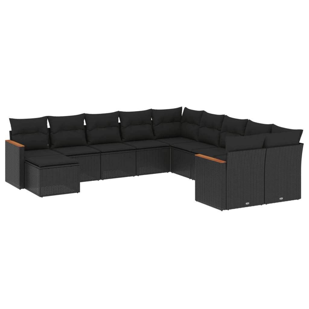 vidaXL 11-tlg. Garten-Sofagarnitur mit Kissen Schwarz Poly Rattan