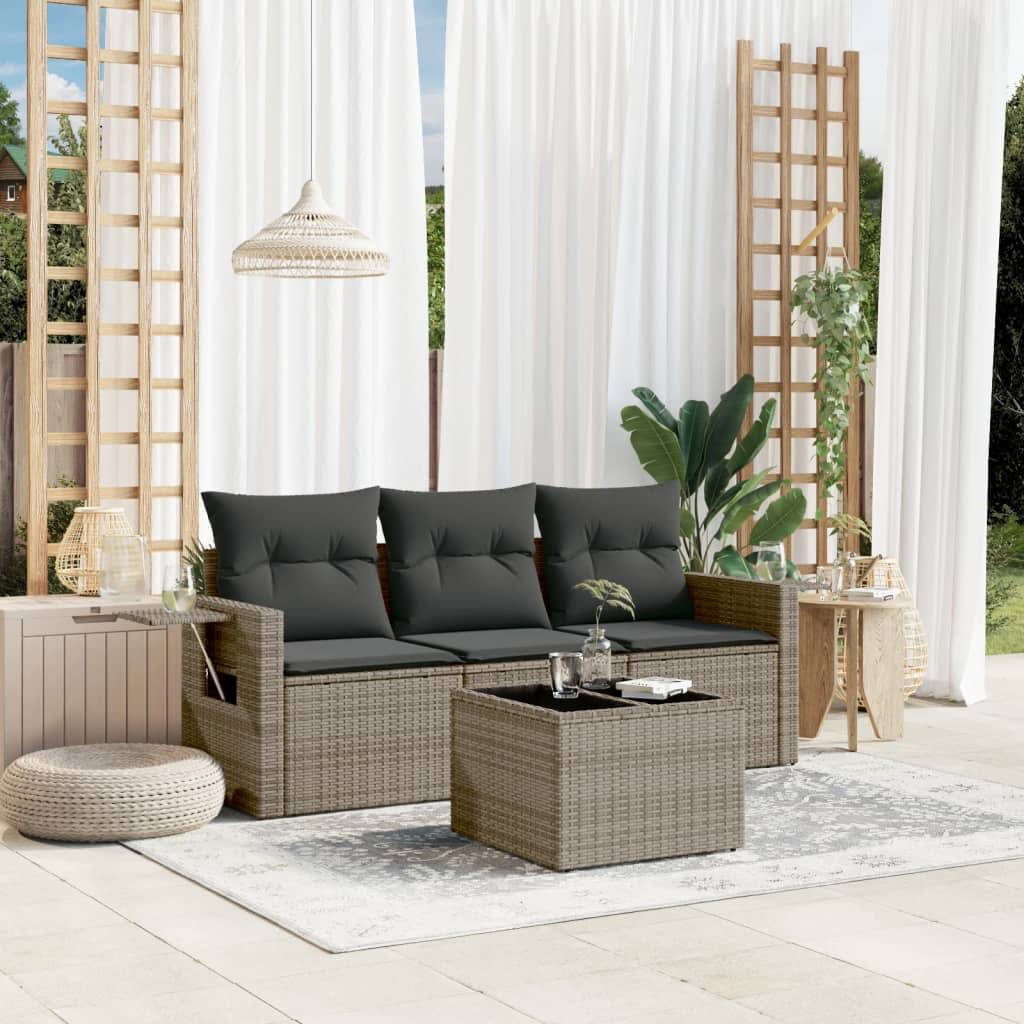 vidaXL 4-tlg. Garten-Sofagarnitur mit Kissen Grau Poly Rattan