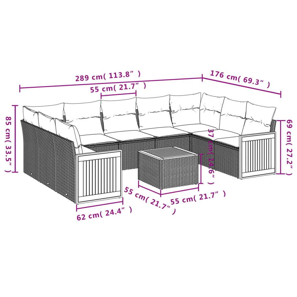 vidaXL 10-teiliges Gartensofa-Set mit Kissen, grau, Polyrattan