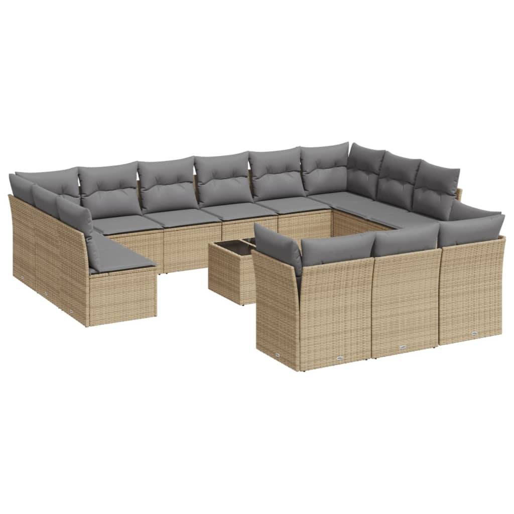 vidaXL 14-tlg. Garten-Sofagarnitur mit Kissen Beige Poly Rattan