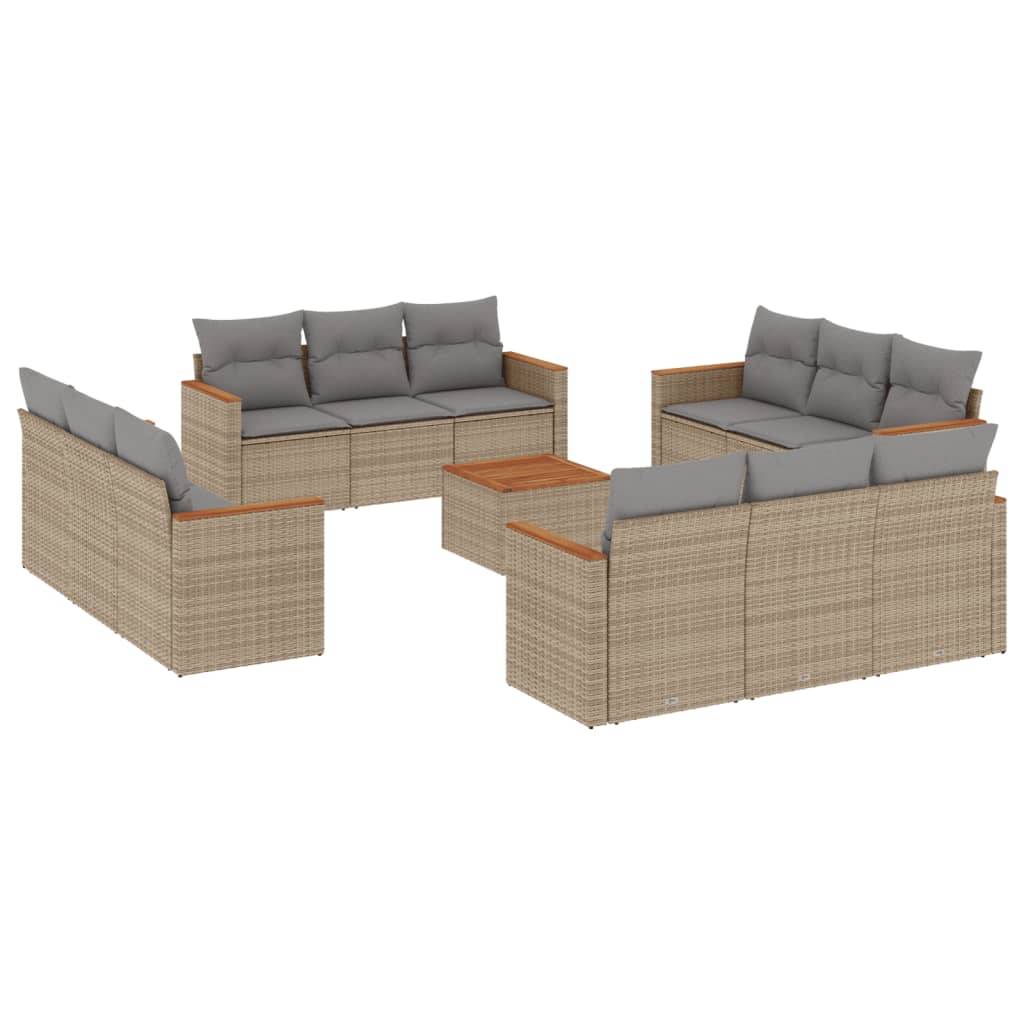 vidaXL 13-tlg. Garten-Sofagarnitur mit Kissen Beige Poly Rattan