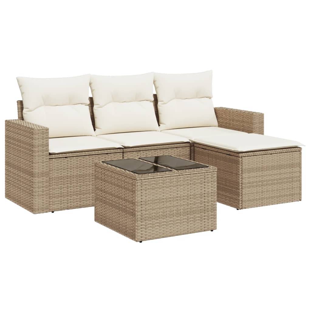 vidaXL 5-tlg. Garten-Sofagarnitur mit Kissen Beige Poly Rattan
