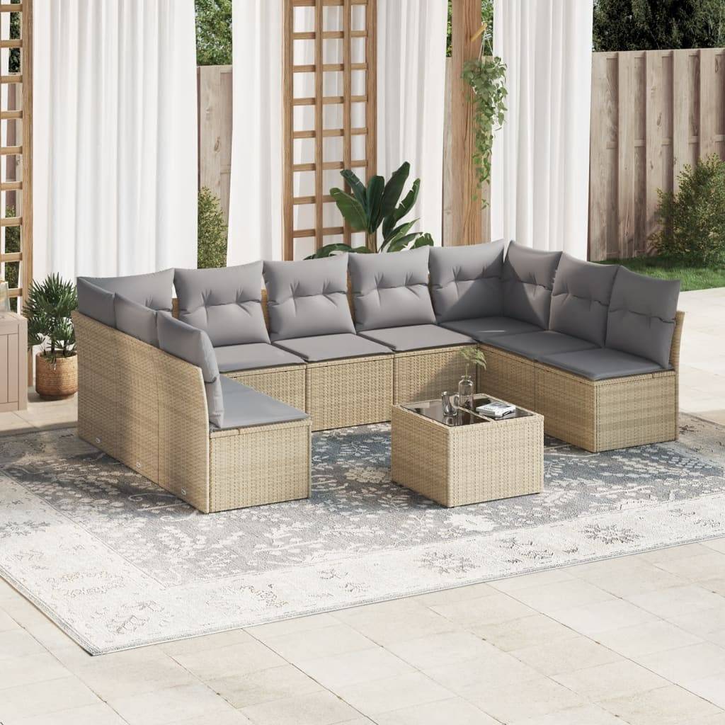 vidaXL 10-tlg. Garten-Sofagarnitur mit Kissen Beige Poly Rattan