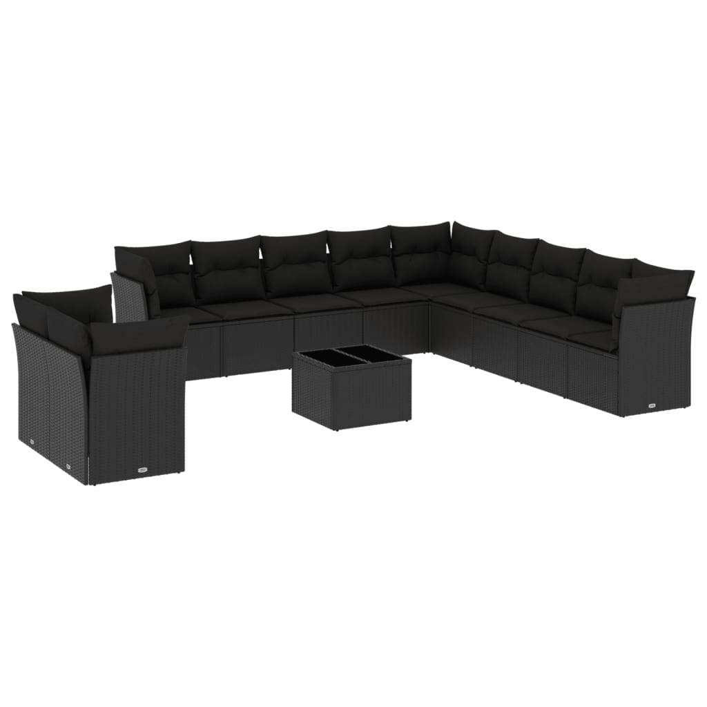 vidaXL 12-tlg. Garten-Sofagarnitur mit Kissen Schwarz Poly Rattan