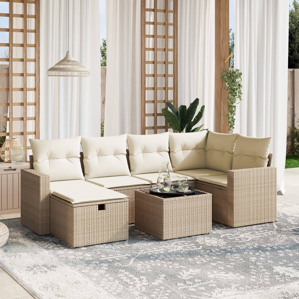 vidaXL 7-tlg. Garten-Sofagarnitur mit Kissen Beige Poly Rattan