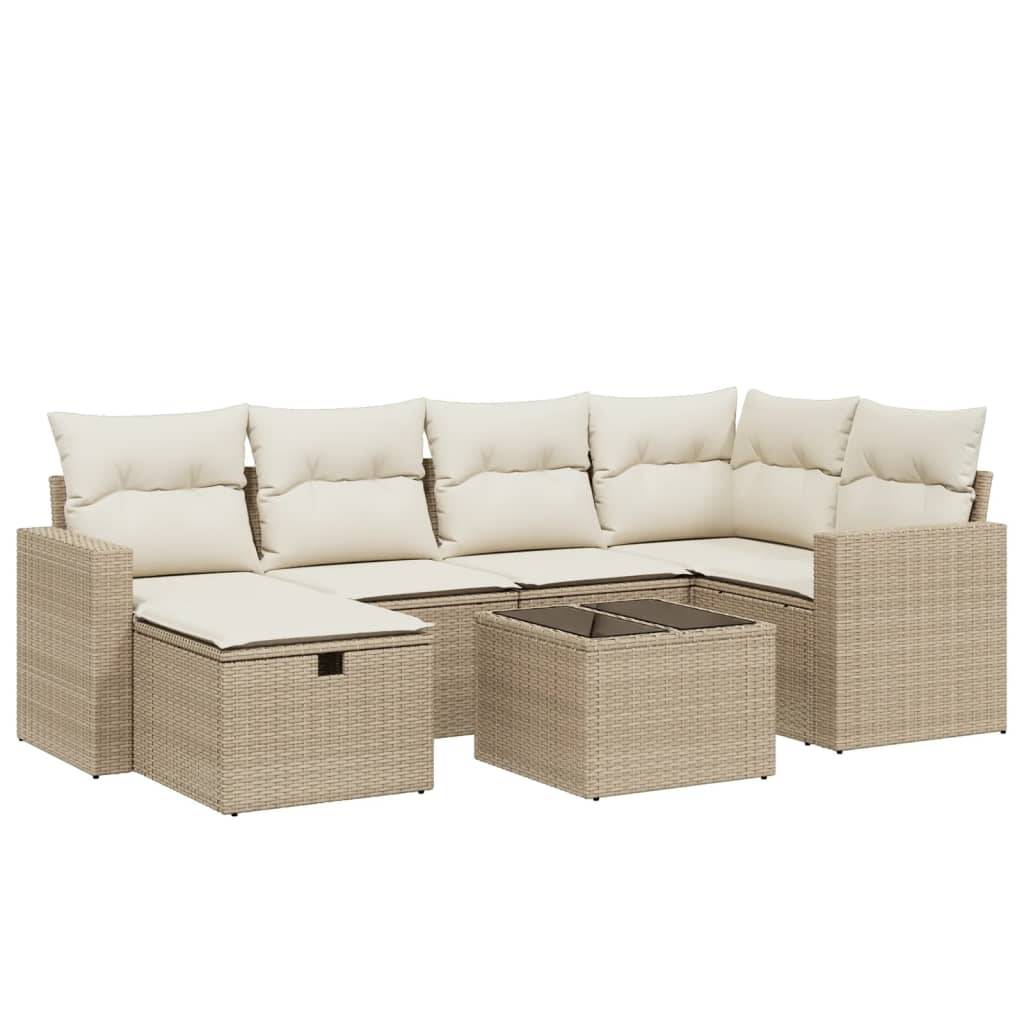 vidaXL 7-tlg. Garten-Sofagarnitur mit Kissen Beige Poly Rattan