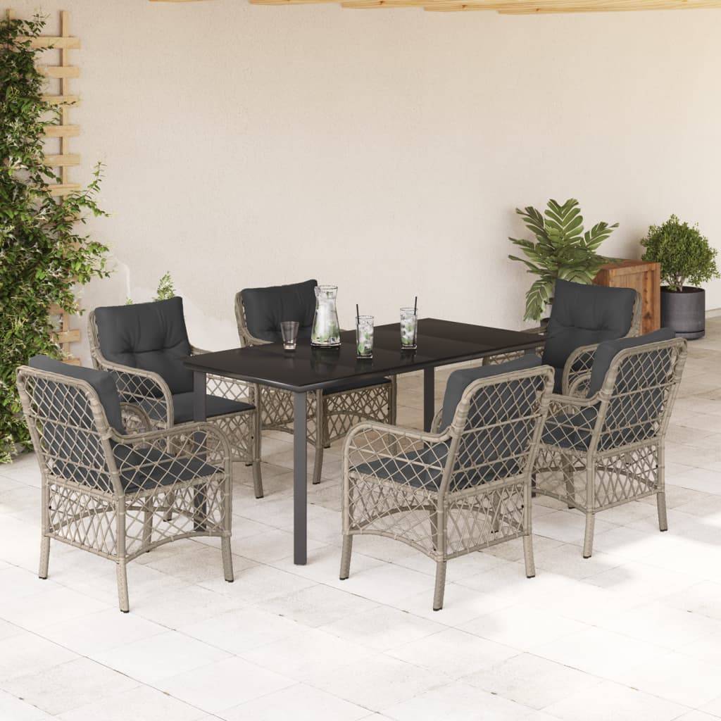 vidaXL 7-tlg. Garten-Essgruppe mit Kissen Hellgrau Poly Rattan