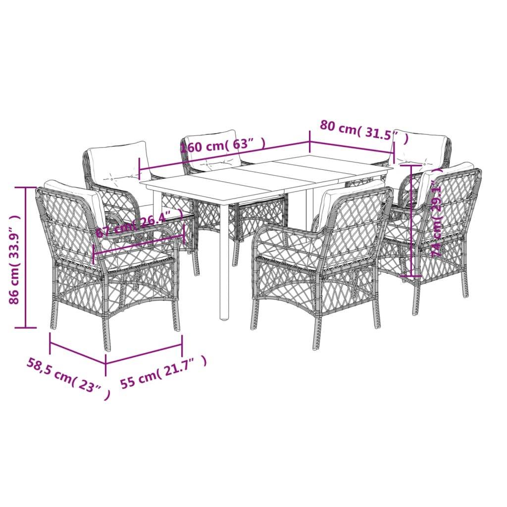 vidaXL 7-tlg. Garten-Essgruppe mit Kissen Hellgrau Poly Rattan