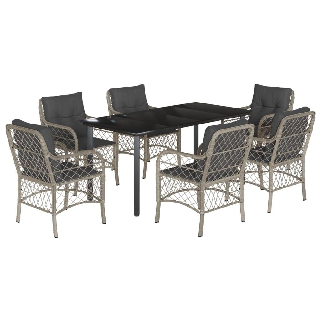 vidaXL 7-tlg. Garten-Essgruppe mit Kissen Hellgrau Poly Rattan