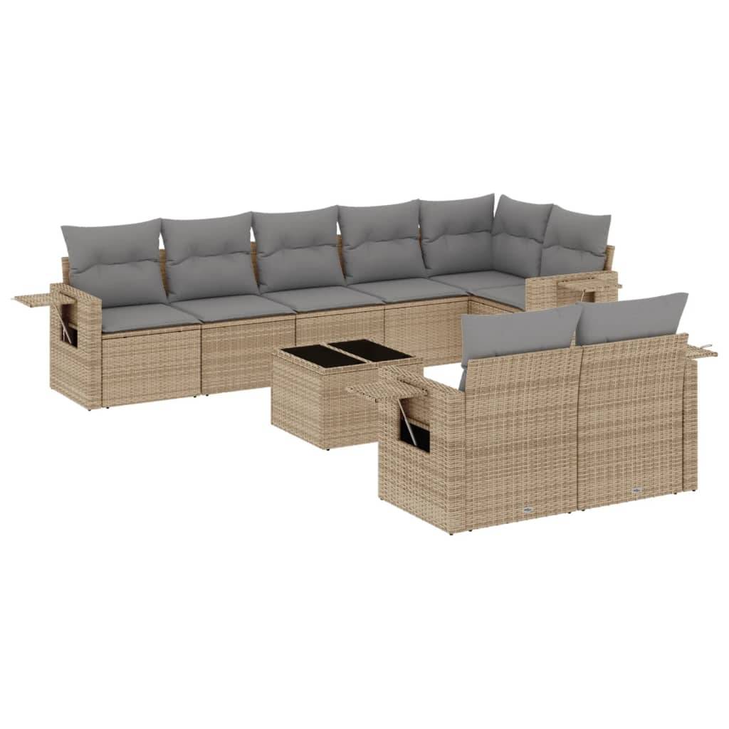 vidaXL 9-tlg. Garten-Sofagarnitur mit Kissen Beige Poly Rattan