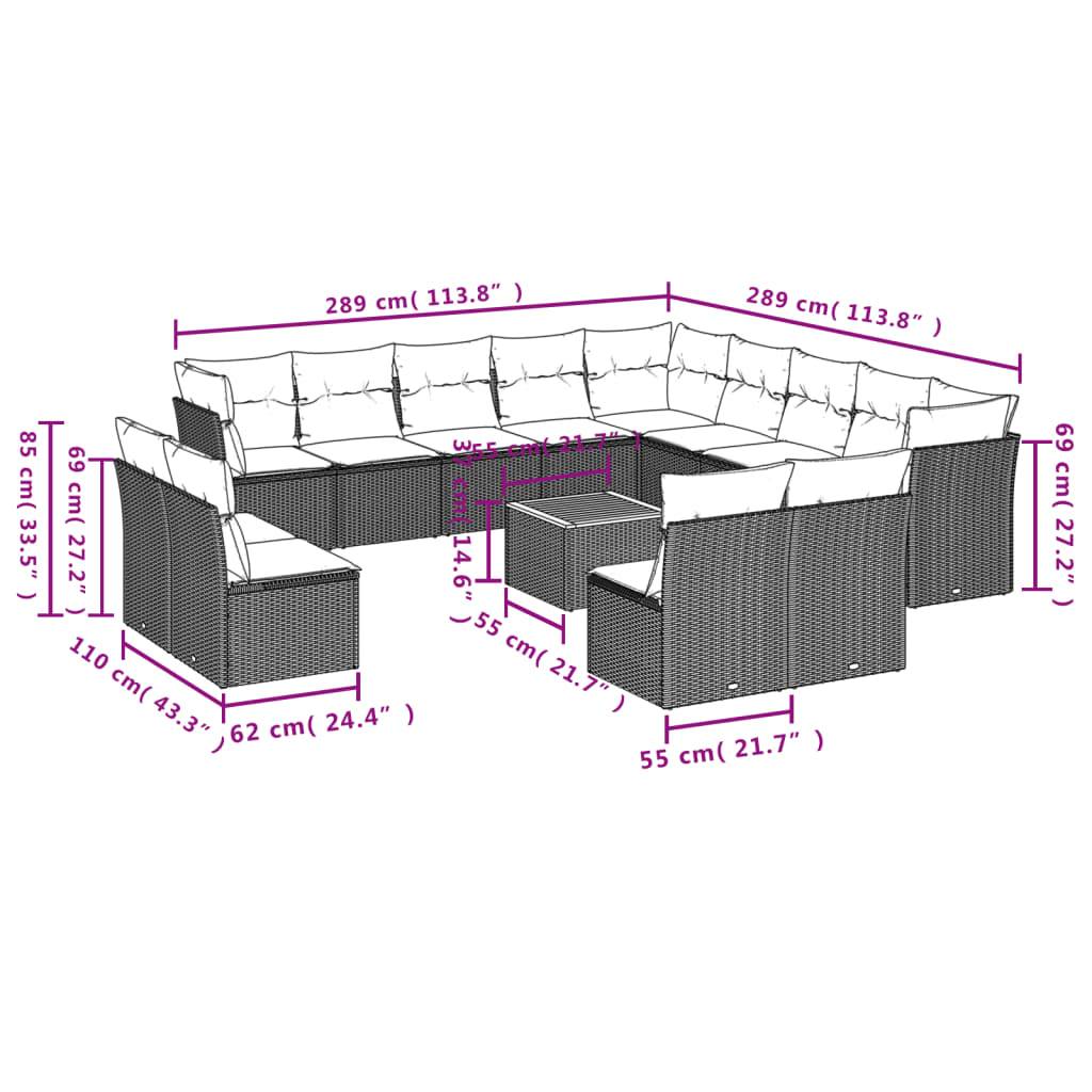 vidaXL 14-tlg. Garten-Sofagarnitur mit Kissen Beige Poly Rattan
