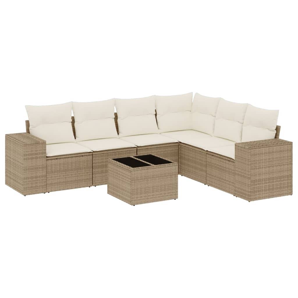 vidaXL 7-tlg. Garten-Sofagarnitur mit Kissen Beige Poly Rattan