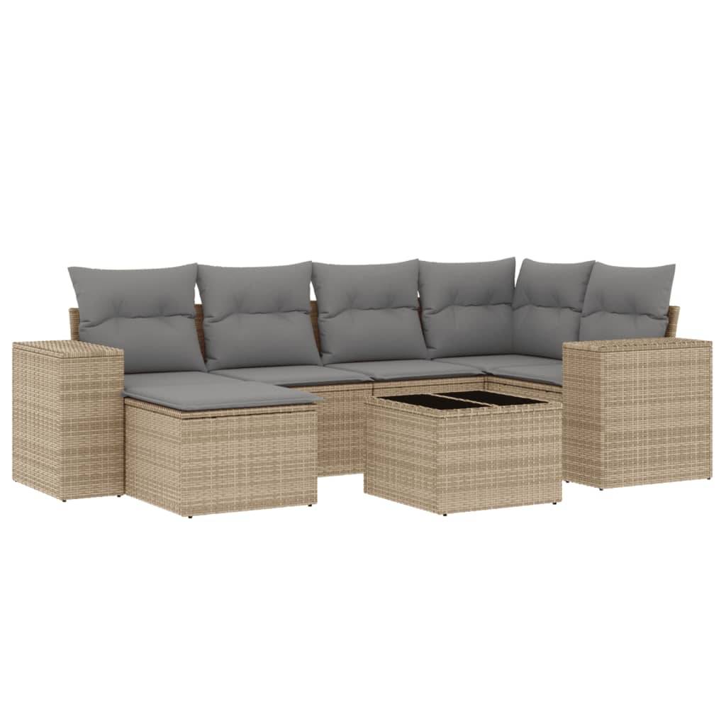 vidaXL 7-tlg. Garten-Sofagarnitur mit Kissen Beige Poly Rattan