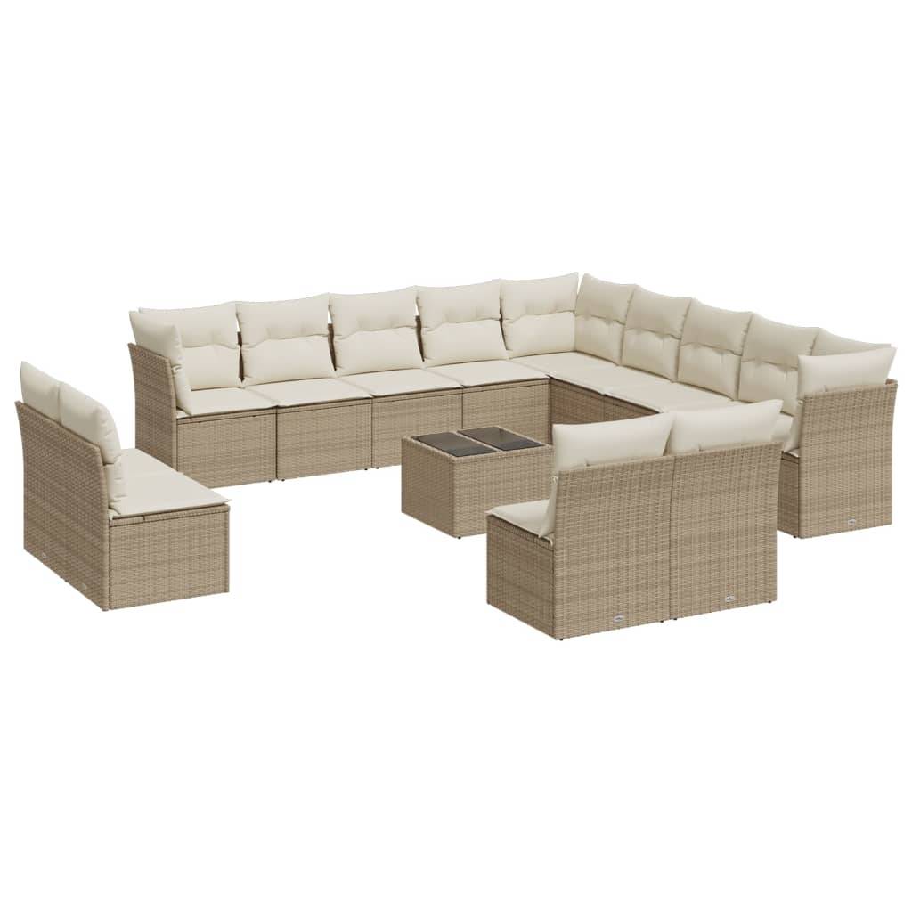 vidaXL 14-tlg. Garten-Sofagarnitur mit Kissen Beige Poly Rattan