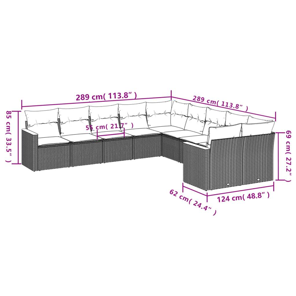 vidaXL 10-teiliges Gartensofa-Set mit Kissen, grau, Polyrattan