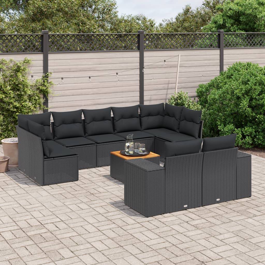 vidaXL 10-tlg. Garten-Sofagarnitur mit Kissen Schwarz Poly Rattan