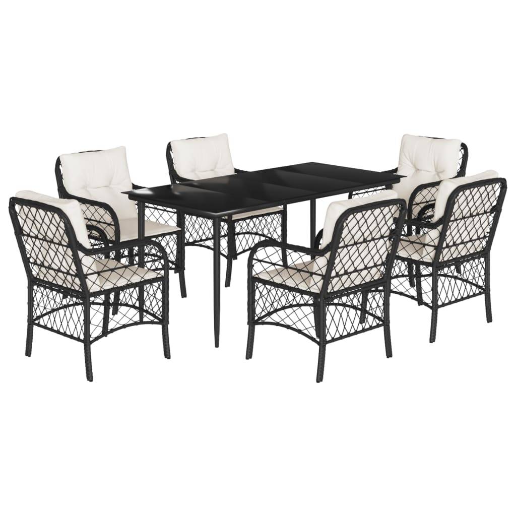 vidaXL 7-tlg. Garten-Essgruppe mit Kissen Schwarz Poly Rattan