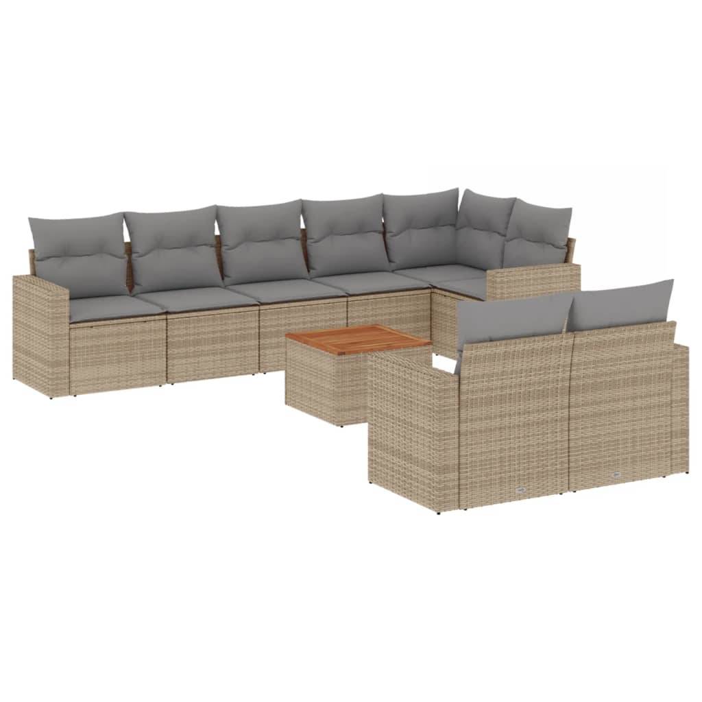 vidaXL 9-tlg. Garten-Sofagarnitur mit Kissen Beige Poly Rattan