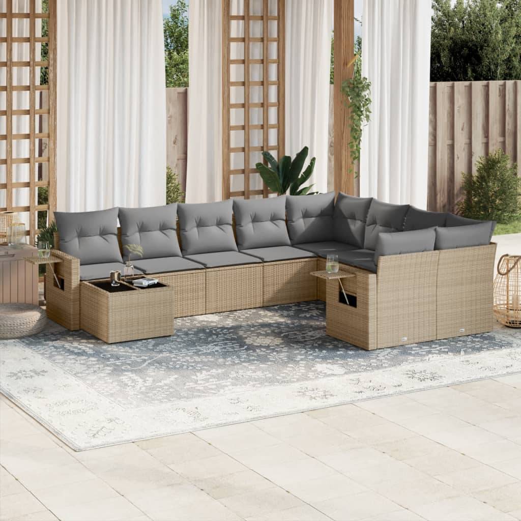 vidaXL 10-tlg. Garten-Sofagarnitur mit Kissen Beige Poly Rattan