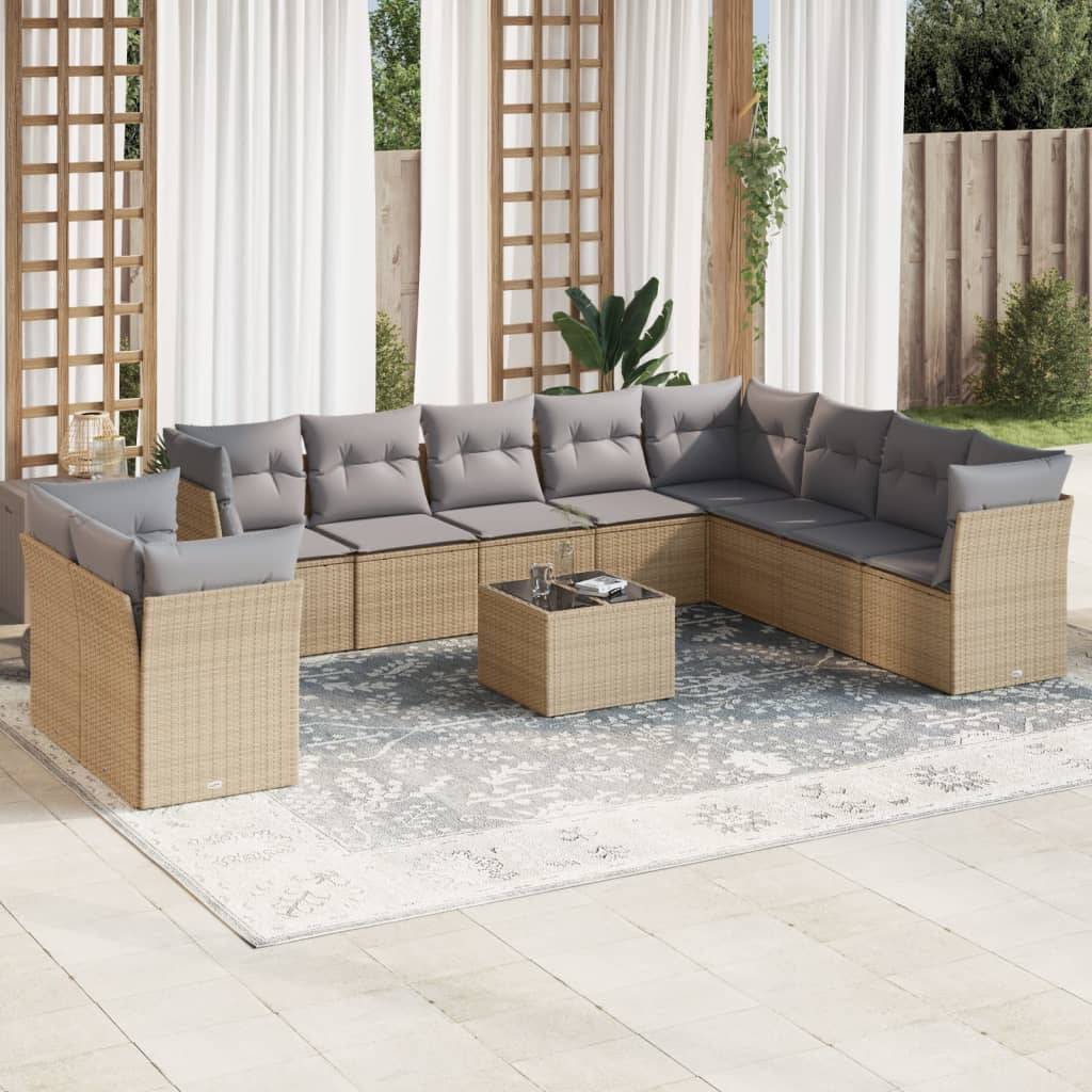 vidaXL 11-tlg. Garten-Sofagarnitur mit Kissen Beige Poly Rattan