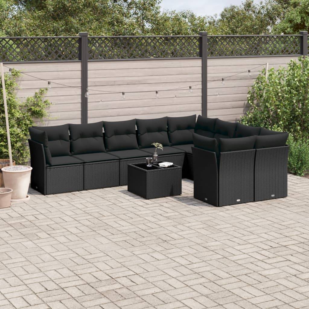 vidaXL 10-tlg. Garten-Sofagarnitur mit Kissen Schwarz Poly Rattan